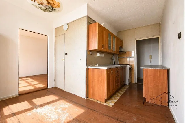 Kitchen; wood floor, needs renovation, natural light