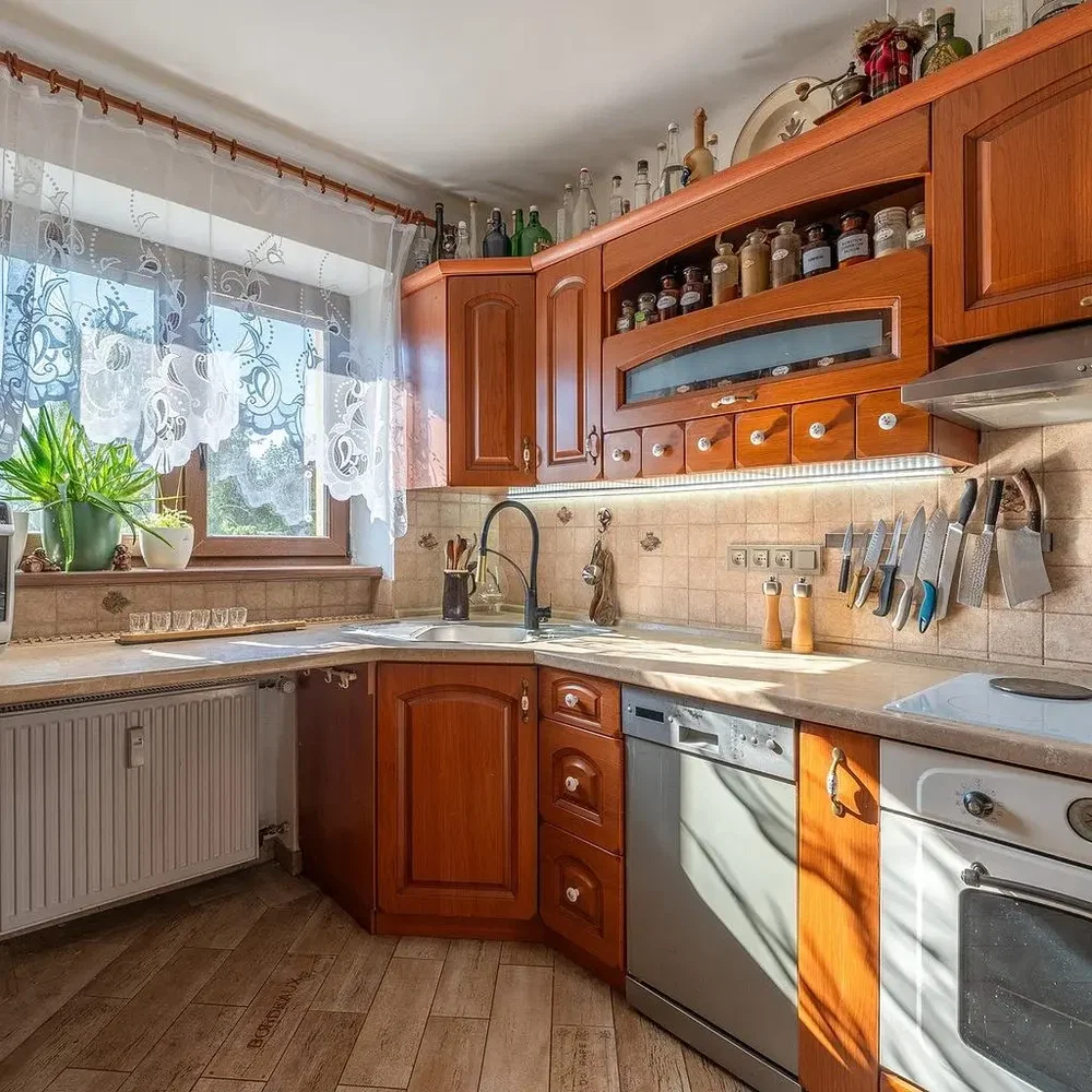 Кухиња; кухињски апарати, дрвени под, природно светло