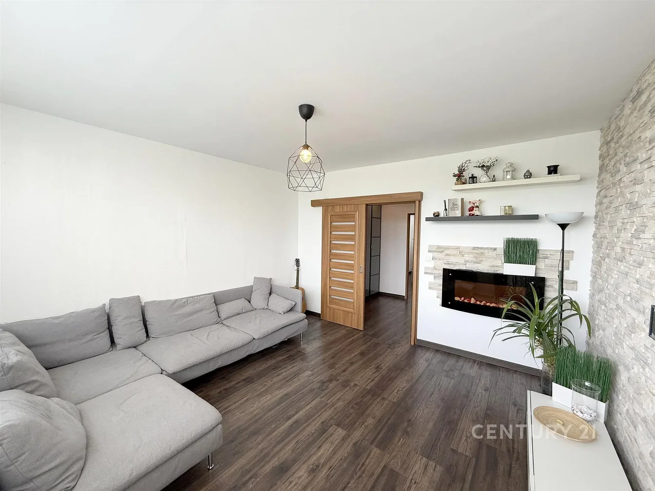 Woonkamer; open haard, houten vloer, natuurlijk licht