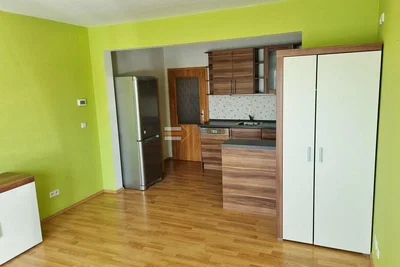 Σαλόνι; συσκευές κουζίνας, ξύλινο πάτωμα, φυσικό φως