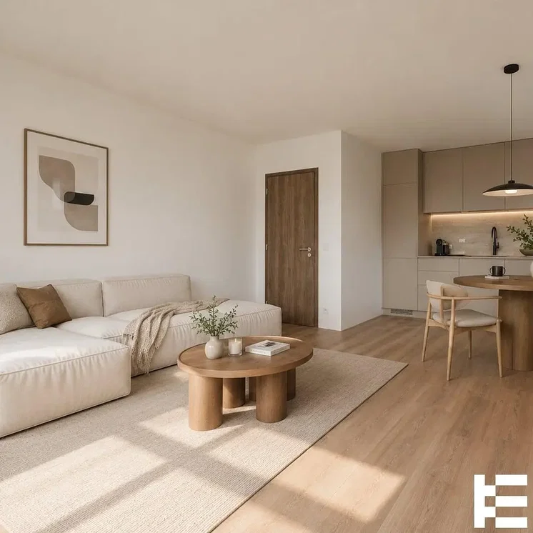 Woonkamer; natuurlijk licht, houten vloer, moderne stijl