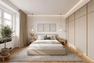 Bedroom; natural light, wood floor, modern style, renovated