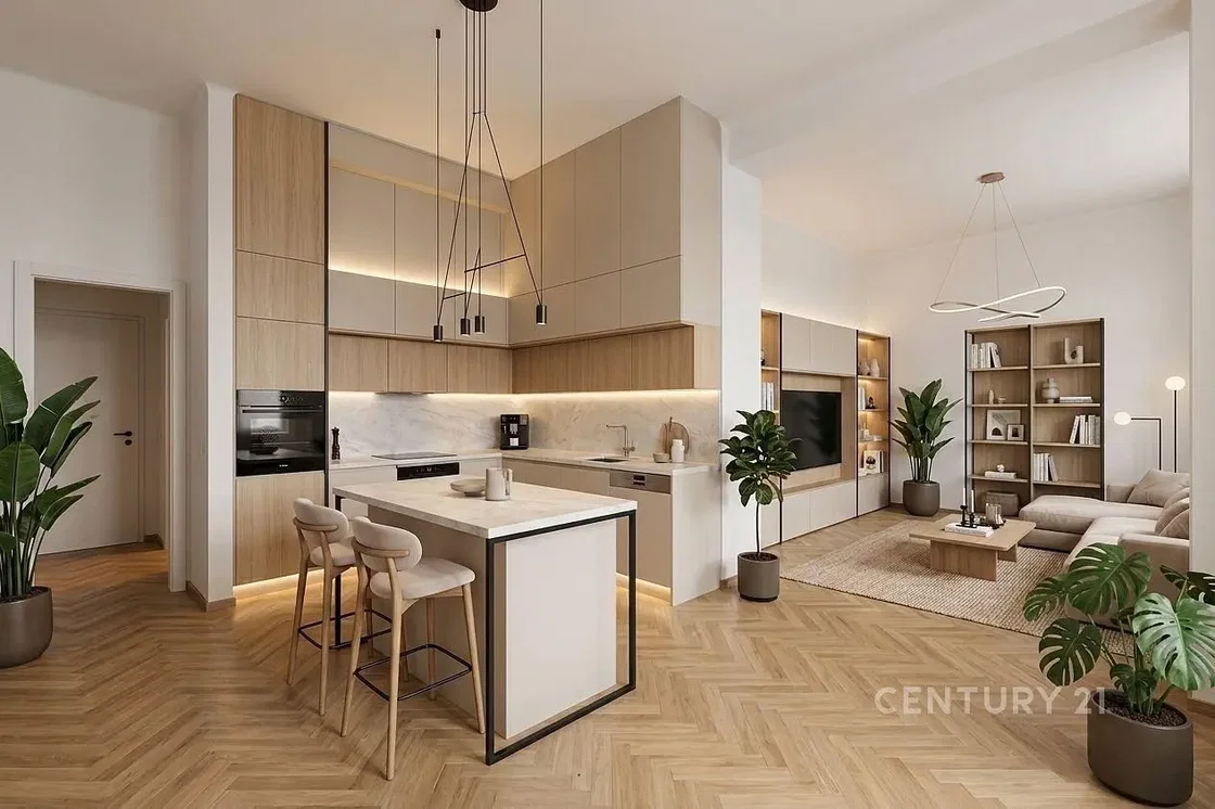 Kitchen; kitchen appliances, wood floor, natural light, modern style