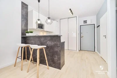 Kuhinja; kuhinjski aparati, drveni pod, prirodno svjetlo, moderni stil