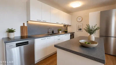 Kitchen; kitchen appliances, natural light, modern style