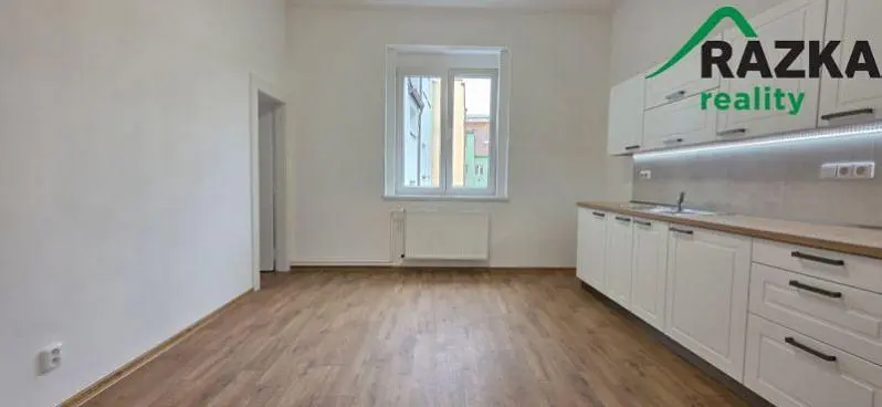 Kuchyně; kuchyňské spotřebiče, dřevěná podlaha, přirozené světlo