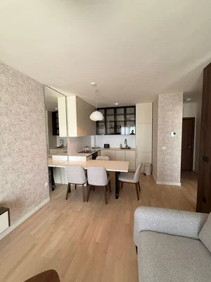 Obývací pokoj; dřevěná podlaha, přirozené světlo, moderní styl, kuchyňské spotřebiče