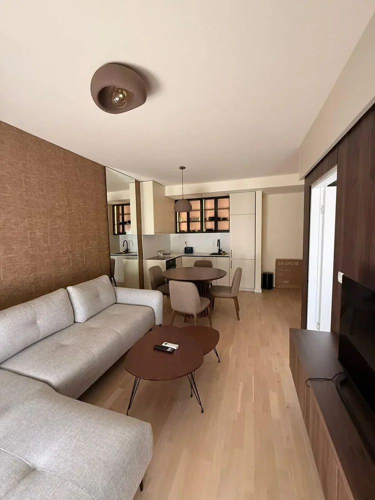 Obývací pokoj; dřevěná podlaha, přirozené světlo, moderní styl