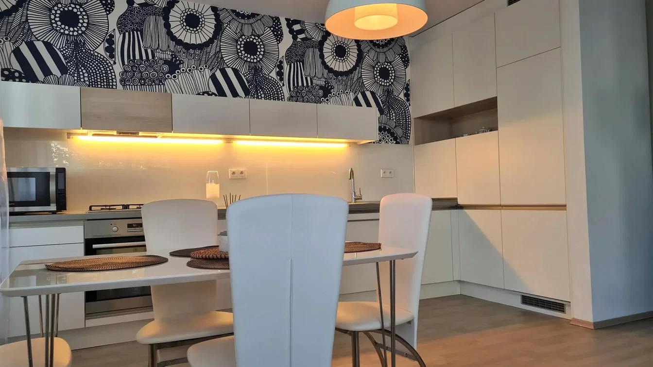 Keuken; keukenapparatuur, houten vloer, natuurlijk licht