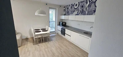 Keuken; keukenapparatuur, houten vloer, natuurlijk licht
