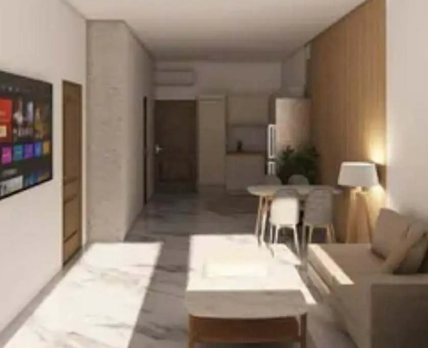 Living room; natural light, tile floor, modern style