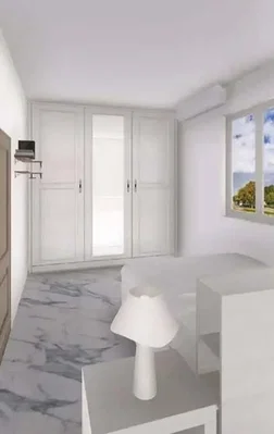 Bedroom; view, wood floor, tile floor, high ceiling, wood beams, renovated, natural light
