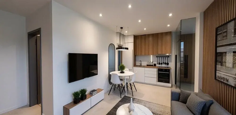 Salon; électroménager, lumière naturelle, style moderne, parquet