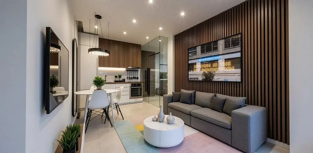 Salon; style moderne, poutres en bois, lumière naturelle, électroménager
