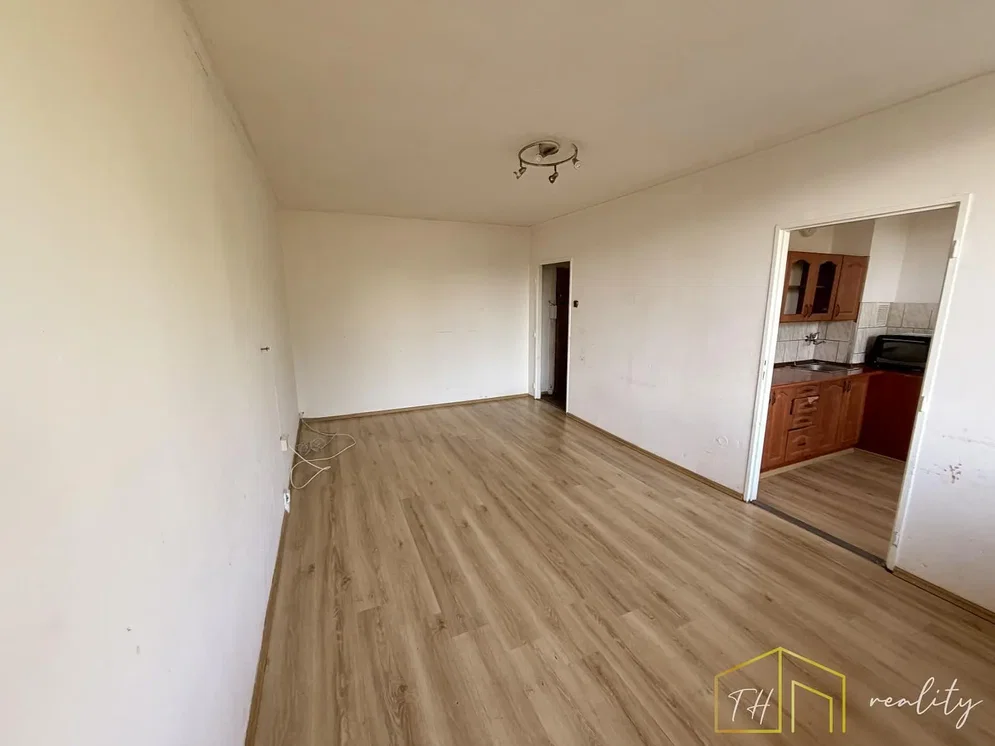 Living room; wood floor, needs renovation, natural light