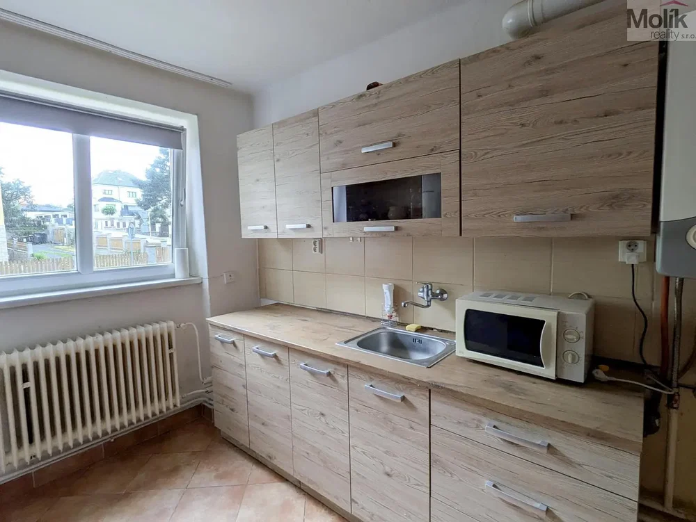 Kuchyně; kuchyňské spotřebiče, dlažba, přirozené světlo, výhled
