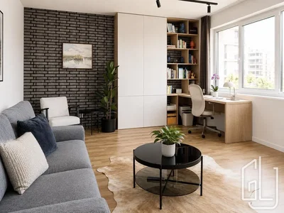 Obývací pokoj; přirozené světlo, dřevěná podlaha, moderní styl