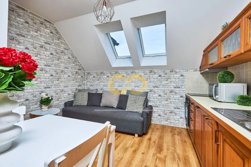 Living room; kitchen appliances, wood floor, natural light, modern style