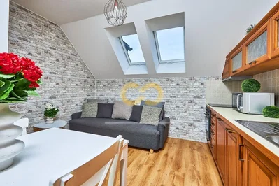Living room; kitchen appliances, wood floor, natural light, modern style