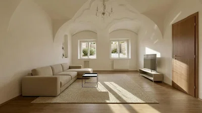 Sala de estar; luz natural, chão de madeira, teto alto