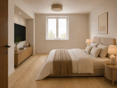 Quarto; chão de madeira, luz natural, estilo moderno