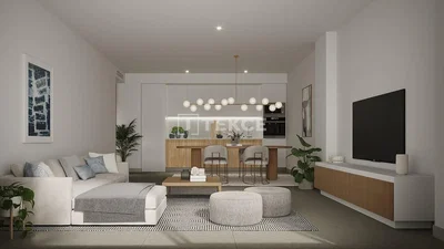 Woonkamer; moderne stijl, natuurlijk licht, houten vloer