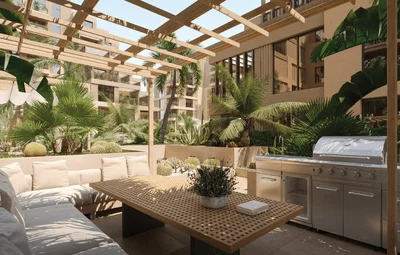 Terrasse; lumière naturelle, poutres en bois