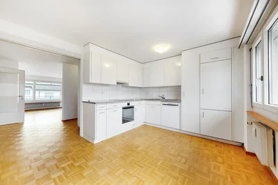 Cuisine; électroménager, parquet, lumière naturelle