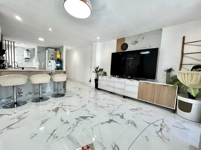 Living room; tile floor, natural light, modern style, kitchen appliances