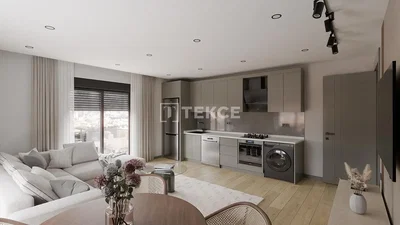 Living room; view, kitchen appliances, natural light, modern style, wood floor