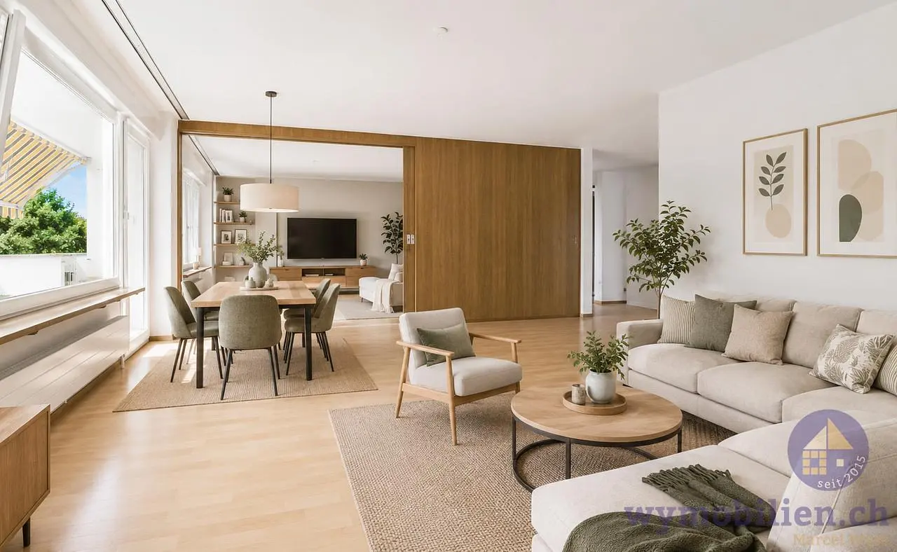 Woonkamer; natuurlijk licht, houten vloer, moderne stijl