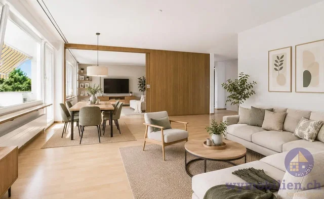 Woonkamer; natuurlijk licht, houten vloer, moderne stijl