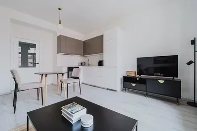 Salon; lumière naturelle, carrelage, style moderne, électroménager