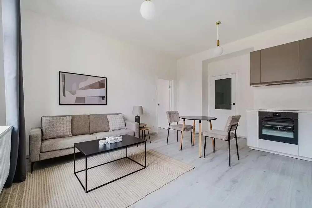 Salon; parquet, lumière naturelle, style moderne, électroménager