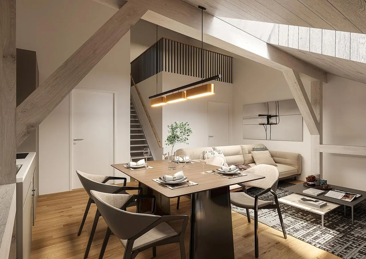 Wohnzimmer; holzboden, tageslicht, moderner stil, holzbalken, renoviert