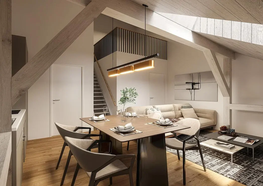 Wohnzimmer; holzboden, tageslicht, moderner stil, holzbalken, renoviert