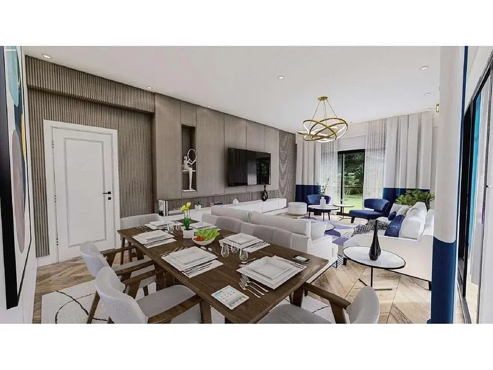 Living room; wood floor, natural light, modern style