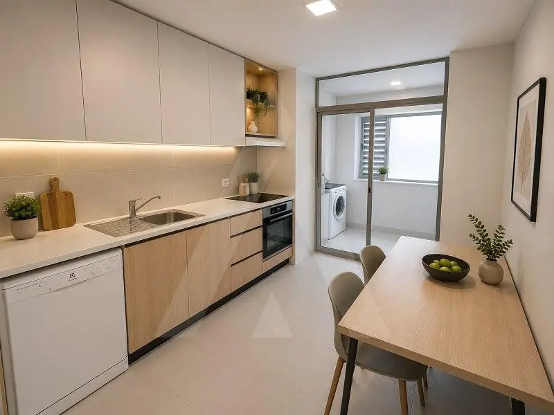 Kuhinja; kućanski aparati, pločice, prirodna svjetlost, moderan stil, renoviran