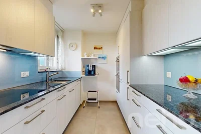 Cuisine; électroménager, parquet, carrelage, lumière naturelle, style moderne, rénové