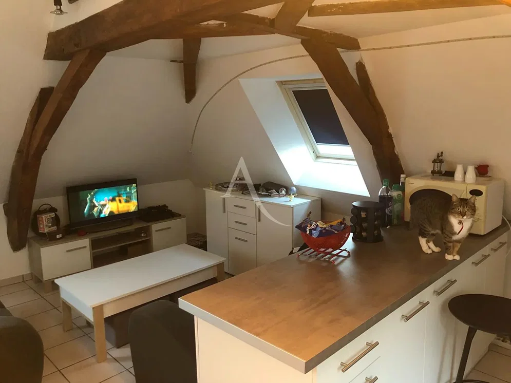 Cucina; travi in legno, pavimento in piastrelle, luce naturale