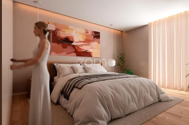 Dormitorio; luz natural, suelo de madera, estilo moderno