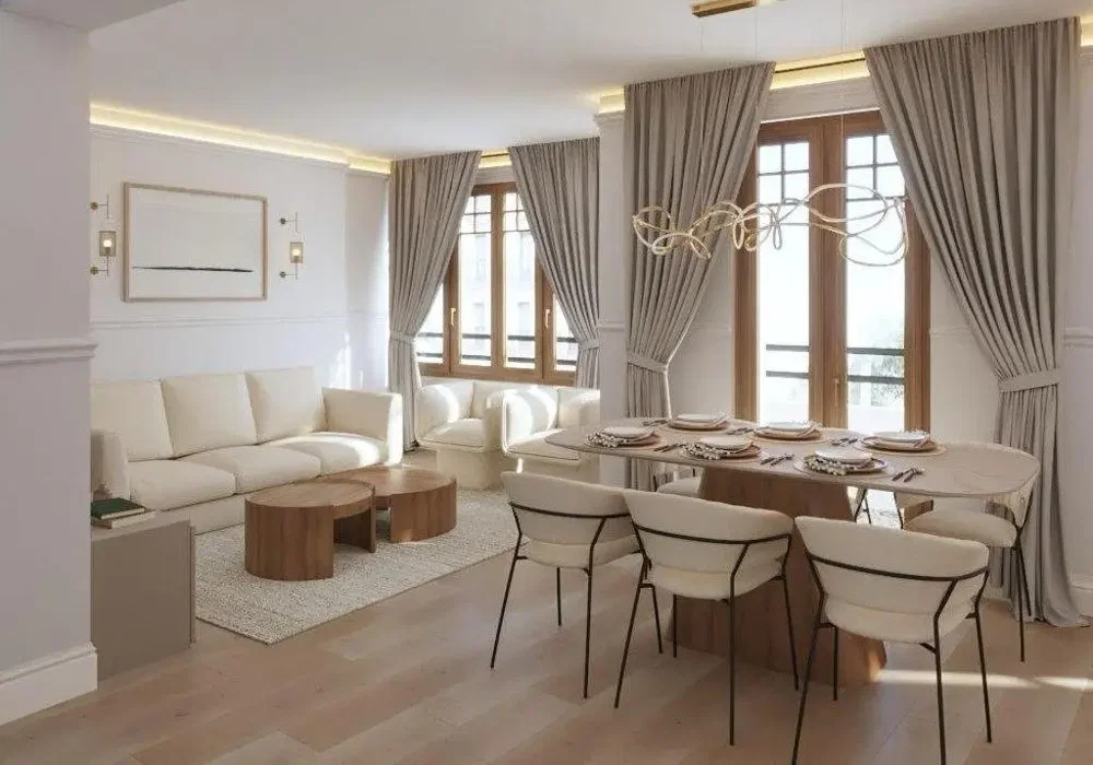 Living room; natural light, modern style, wood floor