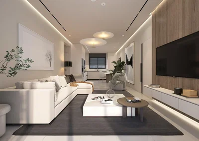 Soggiorno; stile moderno, pavimento in legno, luce naturale