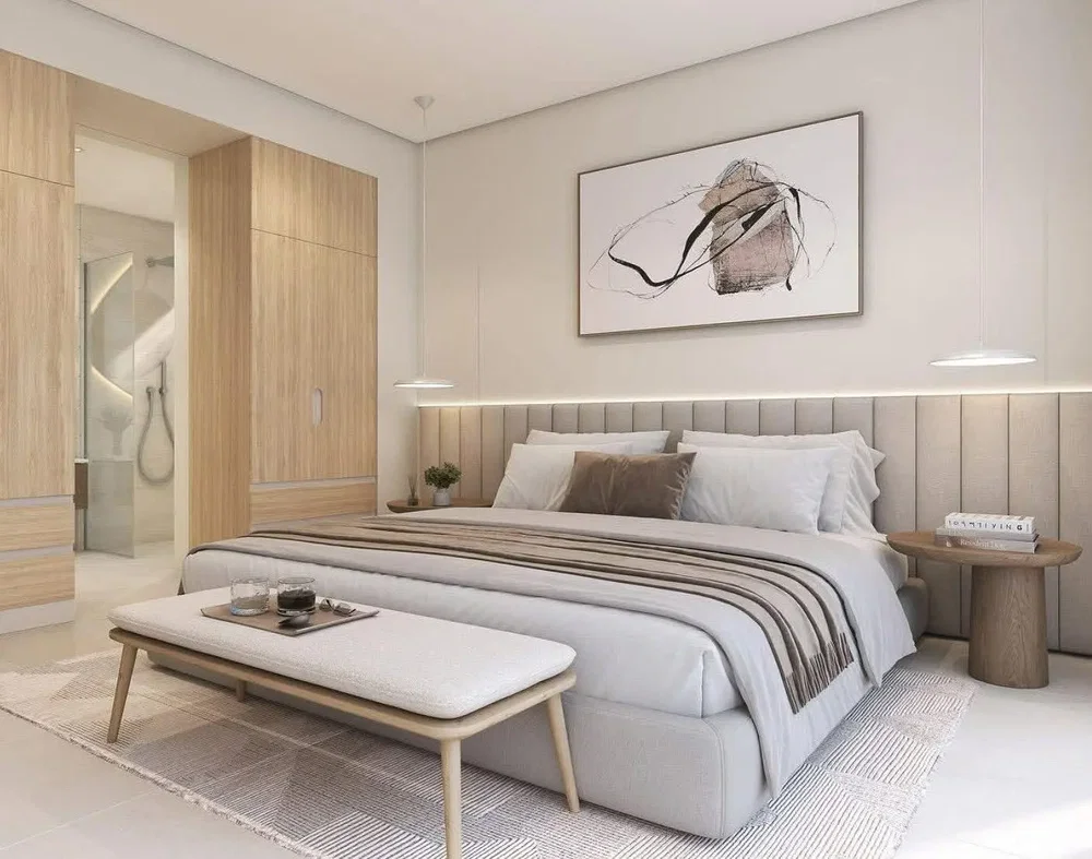Ložnice; moderní styl, dřevěná podlaha, přirozené světlo, po rekonstrukci