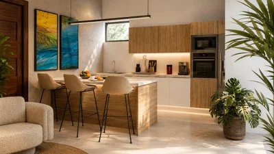 Kuchyně; kuchyňské spotřebiče, přirozené světlo, moderní styl, dlažba