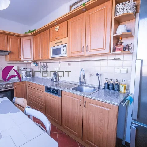Kuchyně; kuchyňské spotřebiče, dlažba, dřevěná podlaha, přirozené světlo