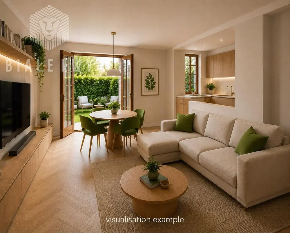 Living room; view, kitchen appliances, natural light, modern style, wood floor