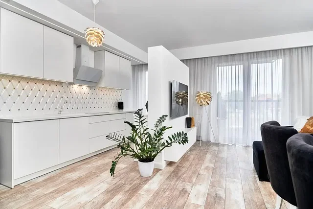 Oturma odası; mutfak aletleri, ahşap zemin, doğal ışık, modern stil