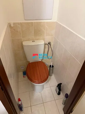 Toilet; tile floor, needs renovation