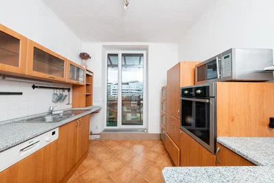 Kitchen; kitchen appliances, tile floor, natural light, view